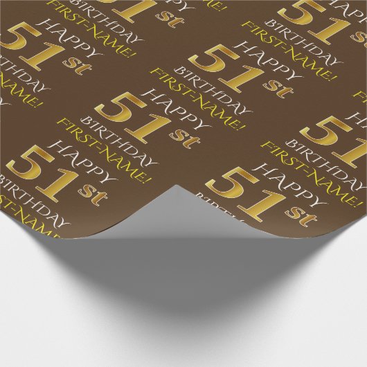 Bruin, Faux Gold "HAPPY 51st BIRTHDAY" Cadeaupapier (Hoek)