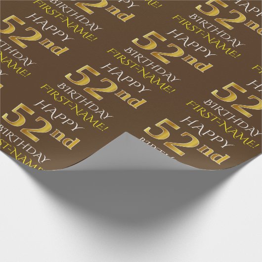 Bruin, Faux Gold "HAPPY 52nd BIRTHDAY" Cadeaupapier (Hoek)