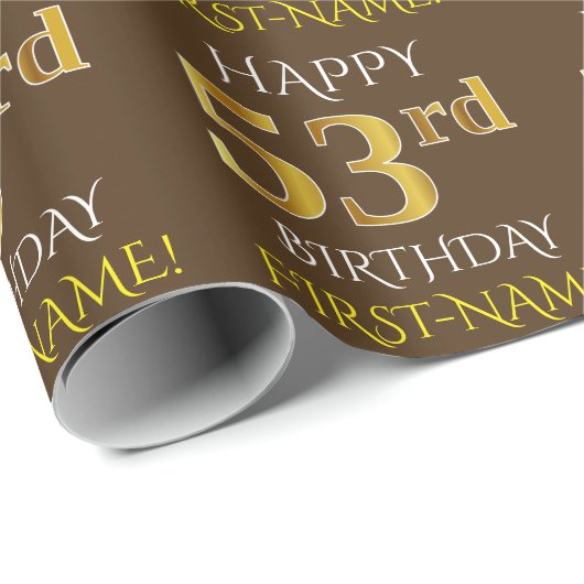 Bruin, Faux Gold "HAPPY 53rd BIRTHDAY" Cadeaupapier (Rol Hoek)