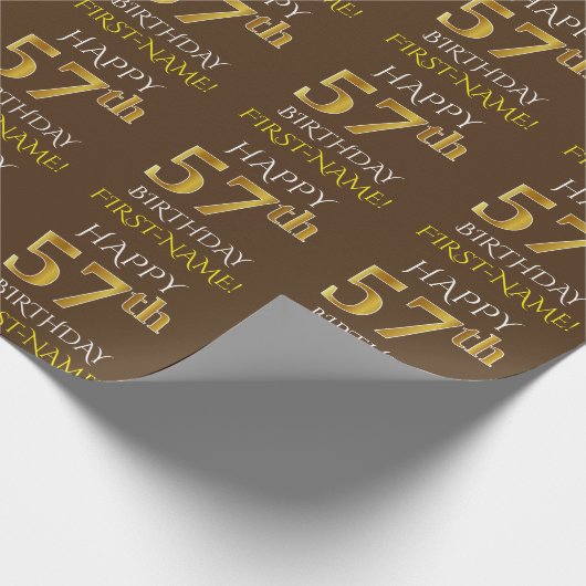 Bruin, Faux Gold "HAPPY 57th BIRTHDAY" Cadeaupapier (Hoek)