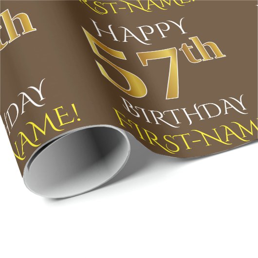 Bruin, Faux Gold "HAPPY 57th BIRTHDAY" Cadeaupapier (Rol Hoek)