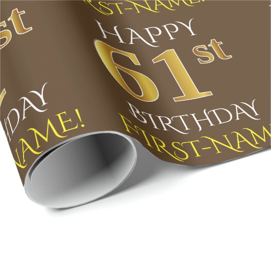 Bruin, Faux Gold "HAPPY 61st BIRTHDAY" Cadeaupapier (Rol Hoek)
