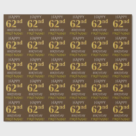 Bruin, Faux Gold "HAPPY 62nd BIRTHDAY" Cadeaupapier (Vlak)