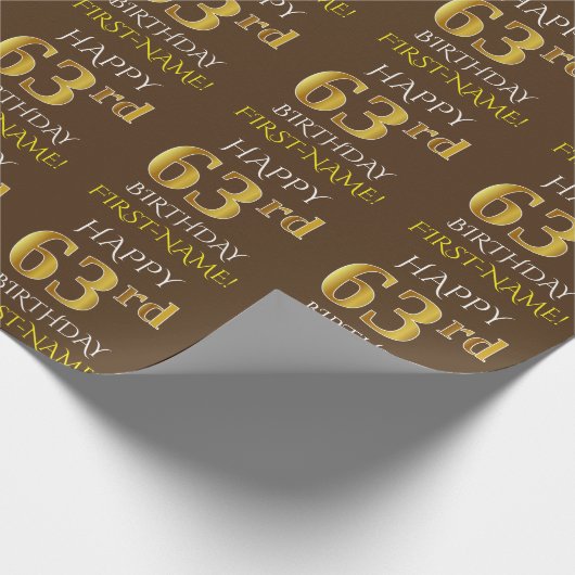 Bruin, Faux Gold "HAPPY 63rd BIRTHDAY" Cadeaupapier (Hoek)