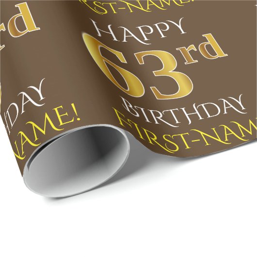 Bruin, Faux Gold "HAPPY 63rd BIRTHDAY" Cadeaupapier (Rol Hoek)