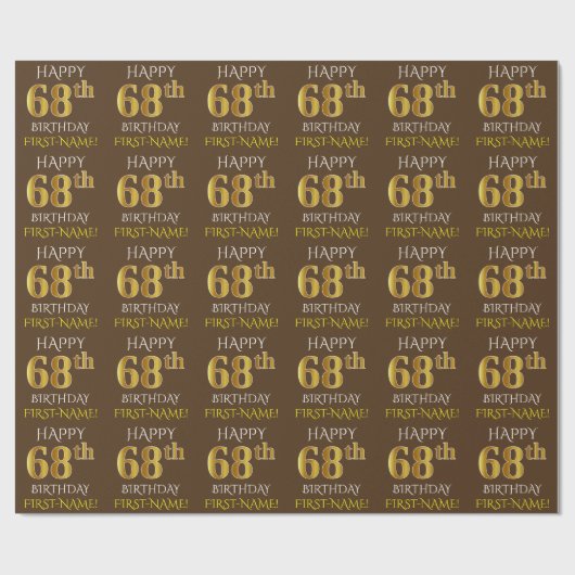 Bruin, Faux Gold "HAPPY 68th BIRTHDAY" Cadeaupapier (Vlak)