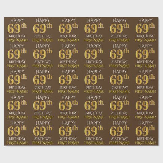 Bruin, Faux Gold "HAPPY 69th BIRTHDAY" Cadeaupapier (Vlak)
