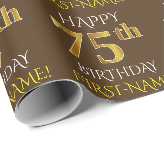 Bruin, Faux Gold "HAPPY 75th BIRTHDAY" Cadeaupapier (Rol Hoek)