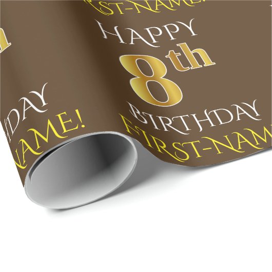 Bruin, Faux Gold "HAPPY 8th BIRTHDAY" Cadeaupapier (Rol Hoek)