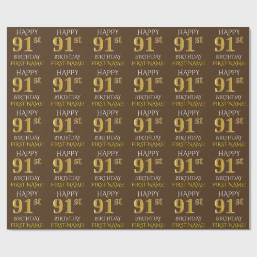 Bruin, Faux Gold "HAPPY 91st BIRTHDAY" Cadeaupapier (Vlak)