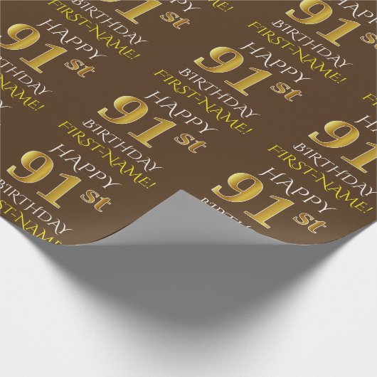 Bruin, Faux Gold "HAPPY 91st BIRTHDAY" Cadeaupapier (Hoek)
