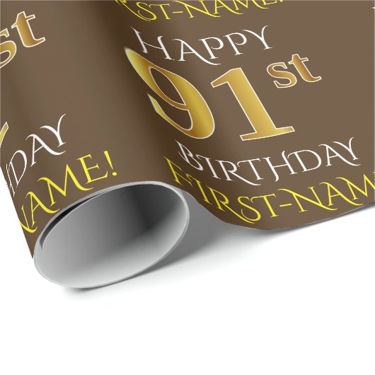 Bruin, Faux Gold "HAPPY 91st BIRTHDAY" Cadeaupapier (Rol Hoek)