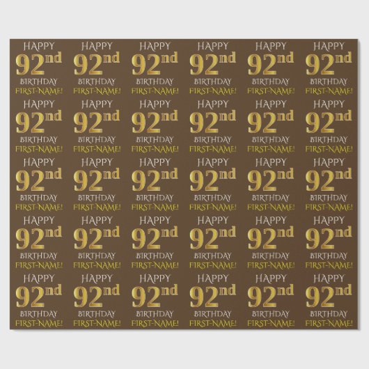 Bruin, Faux Gold "HAPPY 92nd BIRTHDAY" Cadeaupapier (Vlak)