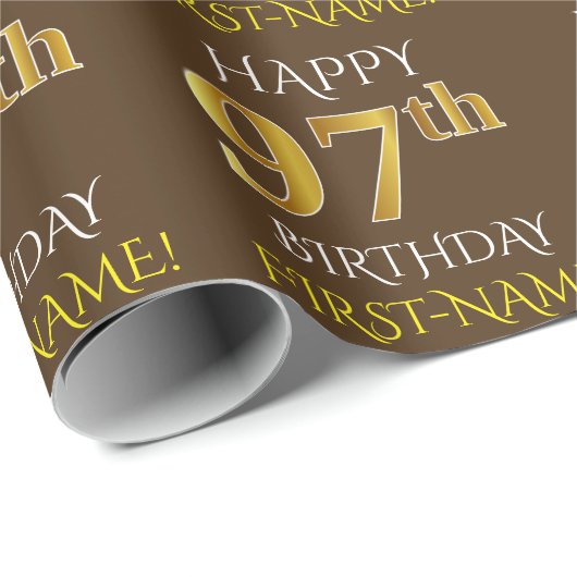 Bruin, Faux Gold "HAPPY 97th BIRTHDAY" Cadeaupapier (Rol Hoek)