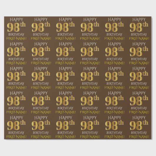 Bruin, Faux Gold "HAPPY 98th BIRTHDAY" Cadeaupapier (Vlak)