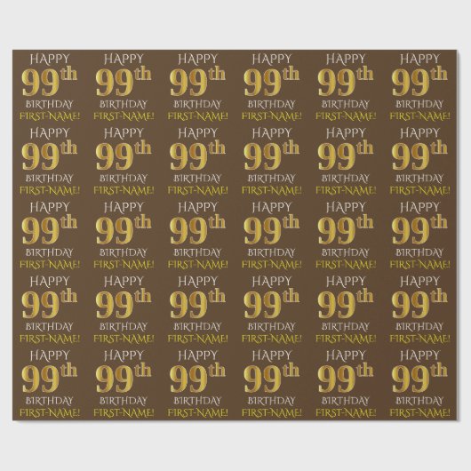 Bruin, Faux Gold "HAPPY 99th BIRTHDAY" Cadeaupapier (Vlak)