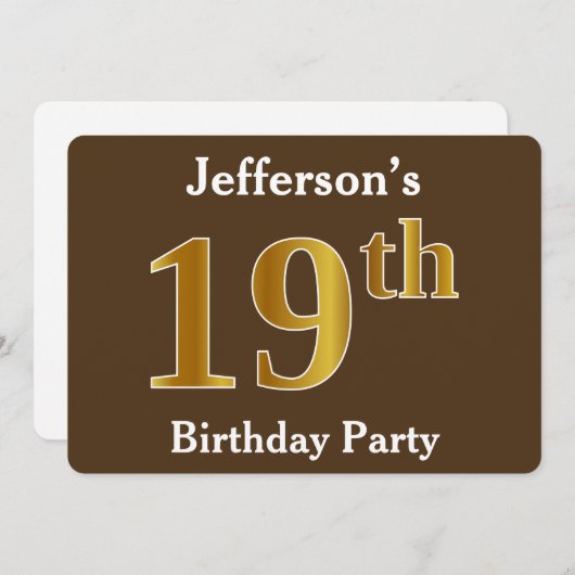 Bruin, Faux Goud 19e Verjaardagsfeestje; Aangepast Kaart (Voorkant / Achterkant)