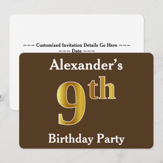 Bruin, Faux Goud 9e Verjaardagsfeestje; Aangepaste Kaart (Voorkant / Achterkant)