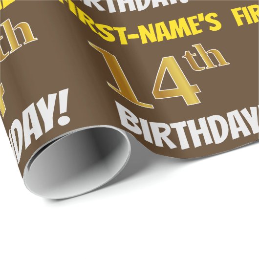 Bruin, Faux/Imitatie Goud, "14e VERJAARDAG" Cadeaupapier (Rol Hoek)