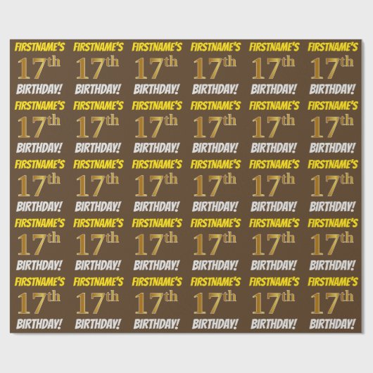 Bruin, Faux/Imitation Gold, "17th BIRTHDAY" Cadeaupapier (Vlak)