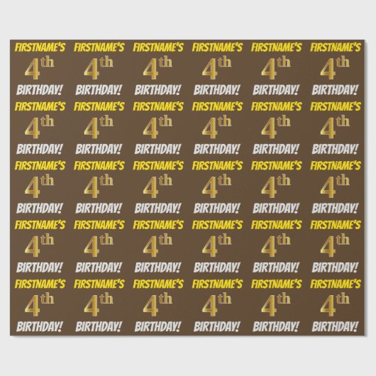 Bruin, Faux/Imitation Gold, "4th BIRTHDAY" Cadeaupapier (Vlak)