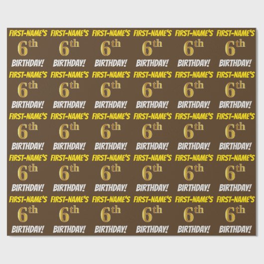 Bruin, Faux/Imitation Gold, "6th BIRTHDAY" Cadeaupapier (Vlak)