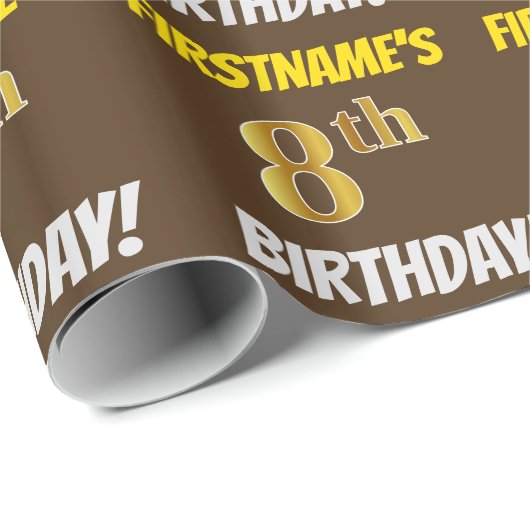 Bruin, Faux/Imitation Gold, "8th BIRTHDAY" Cadeaupapier (Rol Hoek)