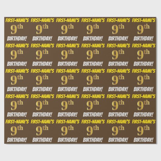 Bruin, Faux/Imitation Gold, "9th BIRTHDAY" Cadeaupapier (Vlak)