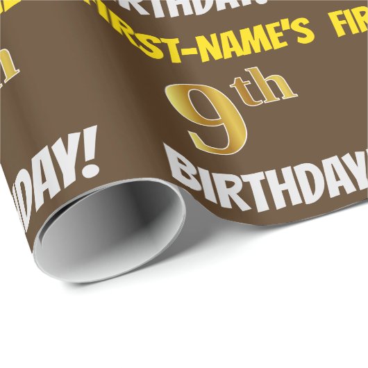 Bruin, Faux/Imitation Gold, "9th BIRTHDAY" Cadeaupapier (Rol Hoek)