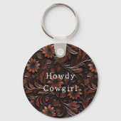Bruin Faux Leather Cowgirl Floral Sleutelhanger (Voorkant)