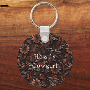 Bruin Faux Leather Cowgirl Floral Sleutelhanger