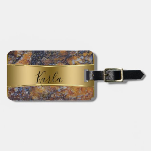 Bruin Faux Marble & Metallic Gold Bagagelabel (Voorkant horizontaal)