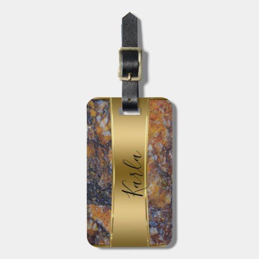 Bruin Faux Marble & Metallic Gold Bagagelabel (Voorkant verticaal)