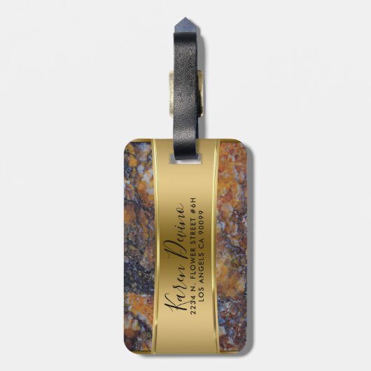 Bruin Faux Marble & Metallic Gold Bagagelabel (Achterkant verticaal)