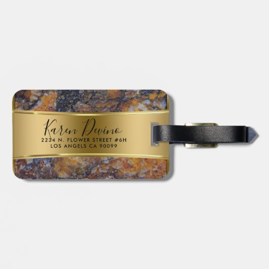 Bruin Faux Marble & Metallic Gold Bagagelabel (Achterkant horizontaal)