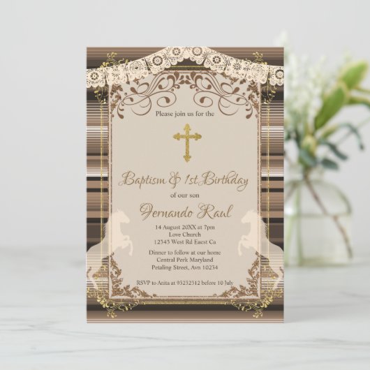 Bruin Fiesta doopkruis en eerste verjaardag Kaart (Staand voorkant)