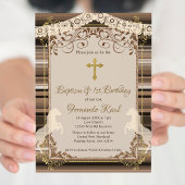 Bruin Fiesta doopkruis en eerste verjaardag Kaart