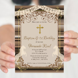 Bruin Fiesta doopkruis en eerste verjaardag Kaart