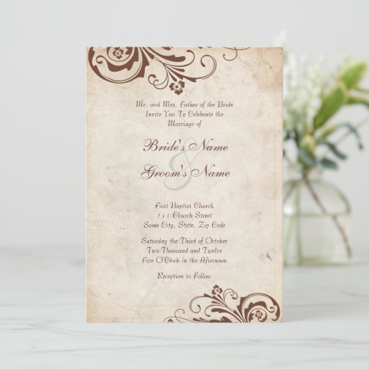 Bruin  Floral Chic Wedding Invitation Kaart (Staand voorkant)