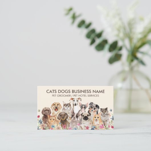 Bruin Floral design met katten Honden Visitekaartje (Staand voorkant)