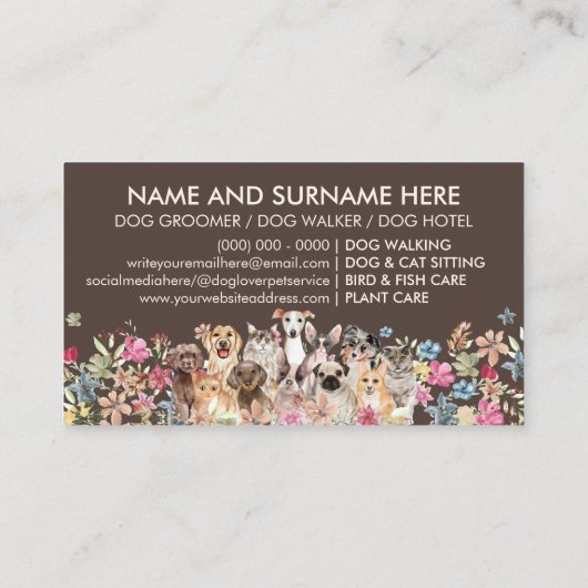 Bruin Floral design met katten Honden Visitekaartje (Achterkant)