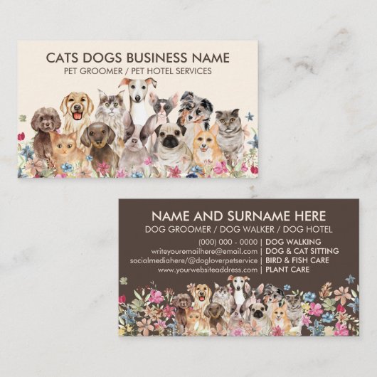 Bruin Floral design met katten Honden Visitekaartje (Voorkant / Achterkant)