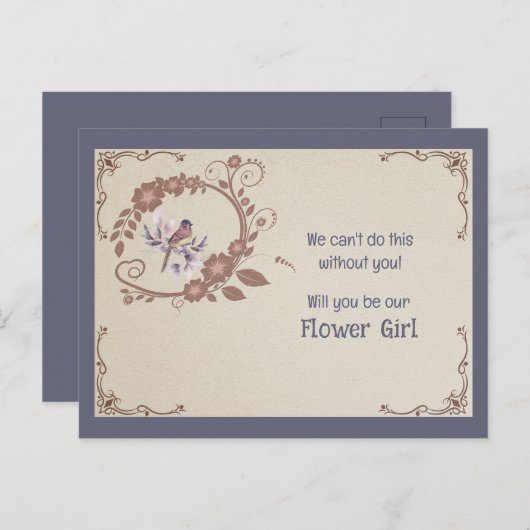 Bruin Floral en Bird Bloemenmeisje Uitnodiging (Voorkant / Achterkant)
