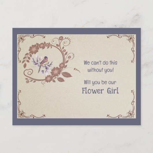 Bruin Floral en Bird Bloemenmeisje Uitnodiging (Voorkant)