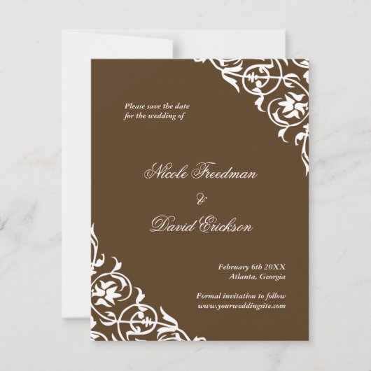 Bruin flourish classroll bruiloft redt datum save the date (Voorkant)