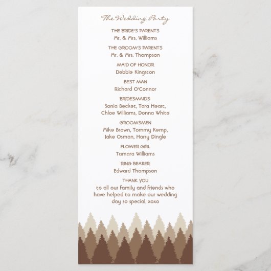 Bruin Forest Range Woodland bruiloft Programmakaart (Achterkant)