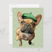 Bruin-Franse Bulldog met groen Pet Briefkaart (Voorkant / Achterkant)