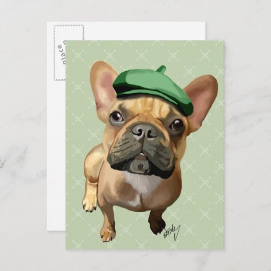 Bruin-Franse Bulldog met groen Pet Briefkaart (Voorkant / Achterkant)