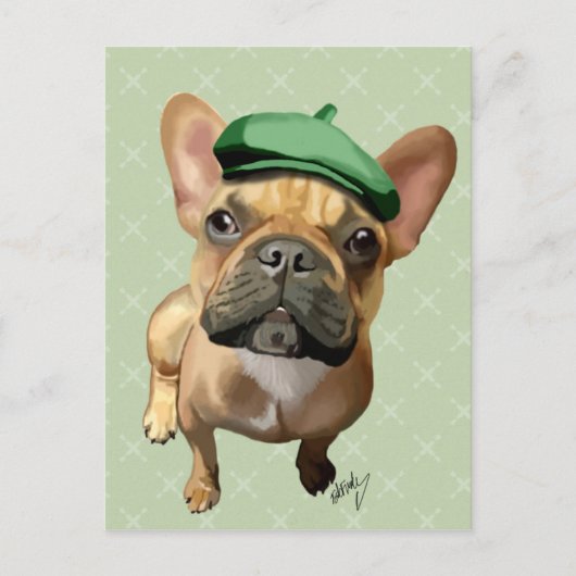 Bruin-Franse Bulldog met groen Pet Briefkaart (Voorkant)