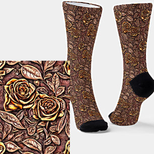 Bruin geel, Floral 3D Textieleffect Sokken